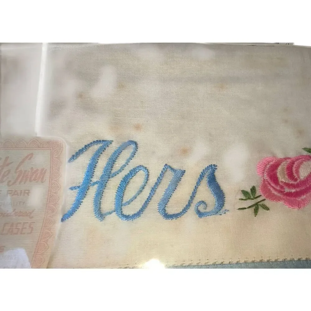 NIP Pair Of Embroidered His and Hers Vintage Pillow Cases White Blue pink floral